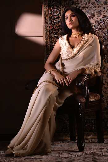 Shop_Shorshe Clothing_Ivory Georgette Gota Phool Embroidered Saree _Online_at_Aza_Fashions