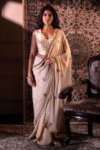 Buy_Shorshe Clothing_Ivory Georgette Gota Phool Embroidered Saree _at_Aza_Fashions