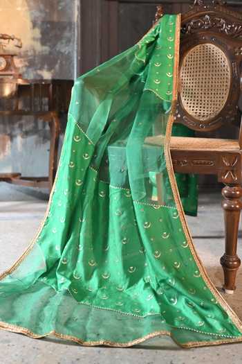 Shorshe Clothing_Green Organza, Brocade Jalsa Diagonal Dupatta _Online_at_Aza_Fashions