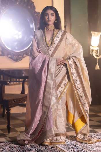 Shorshe Clothing_Ivory Tissue Jalsa Embroidered Saree _at_Aza_Fashions