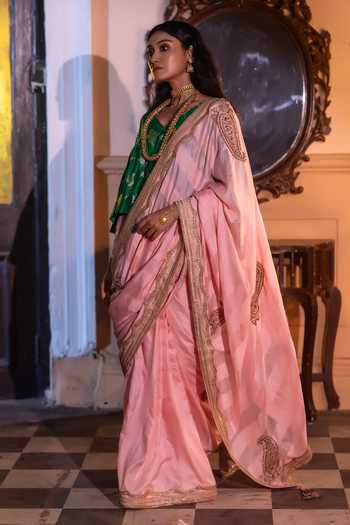 Shop_Shorshe Clothing_Pink Silk, Satin Kolka Striped Saree _at_Aza_Fashions