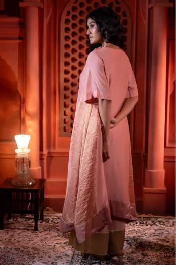 Shop_Shorshe Clothing_Pink Chanderi, Tissue Round Neck, Yes Mehre Kurta With Striped Farshi Pant _at_Aza_Fashions
