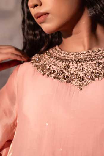 Buy_Shorshe Clothing_Pink Chanderi, Tissue Round Neck, Yes Mehre Kurta With Striped Farshi Pant _Online_at_Aza_Fashions