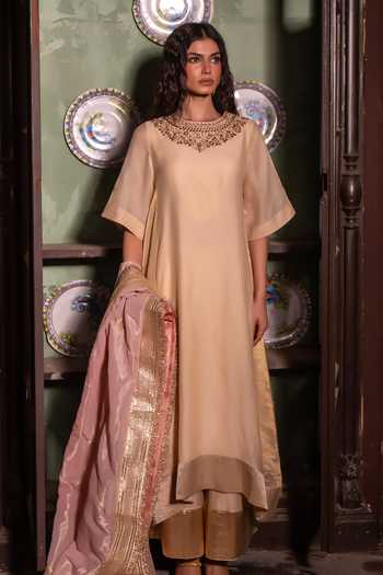 Shop_Shorshe Clothing_Ivory Chanderi, Tissue Round Neck, Yes Mehre Kurta And Striped Farshi Pant Set _Online_at_Aza_Fashions