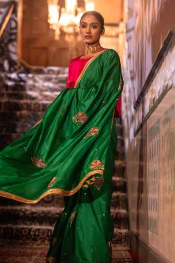 Shorshe Clothing_Green Silk Mughal Metallic Hand Embroidered Saree _Online_at_Aza_Fashions