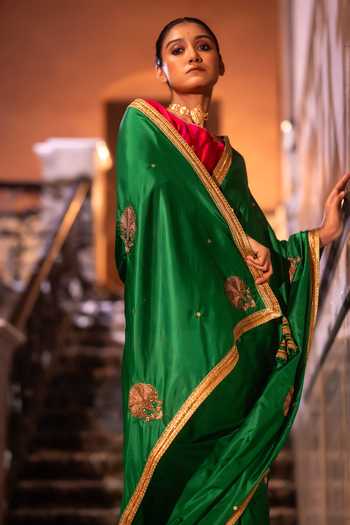 Buy_Shorshe Clothing_Green Silk Mughal Metallic Hand Embroidered Saree _Online_at_Aza_Fashions