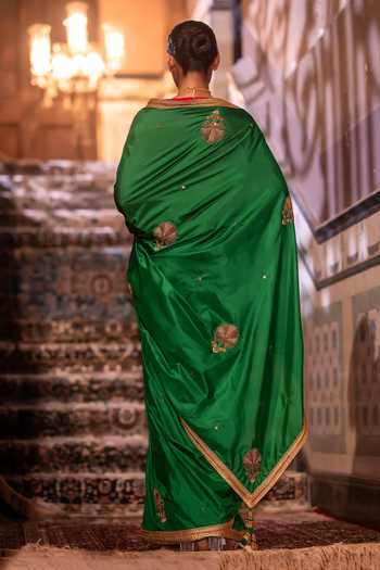 Shop_Shorshe Clothing_Green Silk Mughal Metallic Hand Embroidered Saree _at_Aza_Fashions