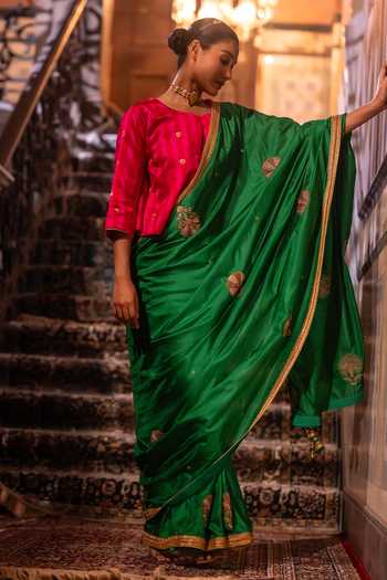 Shorshe Clothing_Green Silk Mughal Metallic Hand Embroidered Saree _at_Aza_Fashions