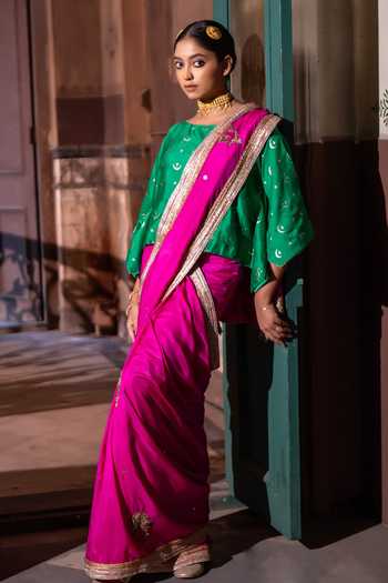 Shorshe Clothing_Pink Silk Mughal Embroidered Saree _Online_at_Aza_Fashions