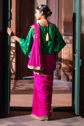 Shop_Shorshe Clothing_Pink Silk Mughal Embroidered Saree _at_Aza_Fashions