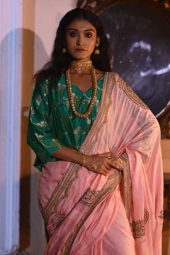 Buy_Shorshe Clothing_Green Brocade Round Neck Mumtaz Kediya Blouse _at_Aza_Fashions