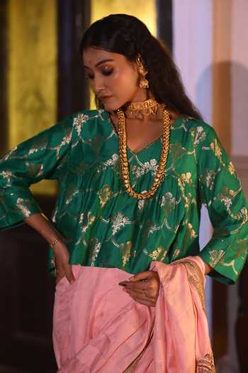 Shorshe Clothing_Green Brocade Round Neck Mumtaz Kediya Blouse _Online_at_Aza_Fashions