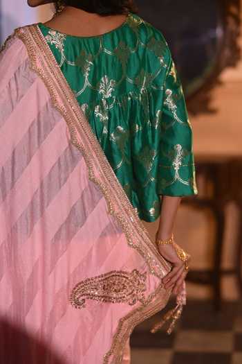 Buy_Shorshe Clothing_Green Brocade Round Neck Mumtaz Kediya Blouse _Online_at_Aza_Fashions
