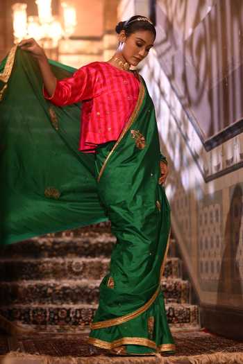 Buy_Shorshe Clothing_Pink Chanderi Silk Round Neck Reshma Striped Blouse _Online_at_Aza_Fashions