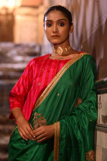 Shop_Shorshe Clothing_Pink Chanderi Silk Round Neck Reshma Striped Blouse _Online_at_Aza_Fashions
