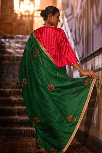 Shorshe Clothing_Pink Chanderi Silk Round Neck Reshma Striped Blouse _at_Aza_Fashions