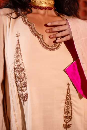 Shorshe Clothing_Ivory Silk, Cotton, Handloom Cotton, Tussar V-neck Rumi Kali Kurta _Online_at_Aza_Fashions