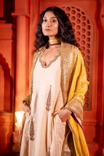 Buy_Shorshe Clothing_Ivory Silk, Cotton, Handloom Cotton, Tussar V-neck Rumi Kali Kurta _Online_at_Aza_Fashions