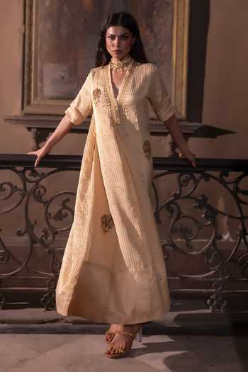 Buy_Shorshe Clothing_Ivory Tissue Split V-neck Shaheen Embellished Patchwork Striped Kurta _at_Aza_Fashions