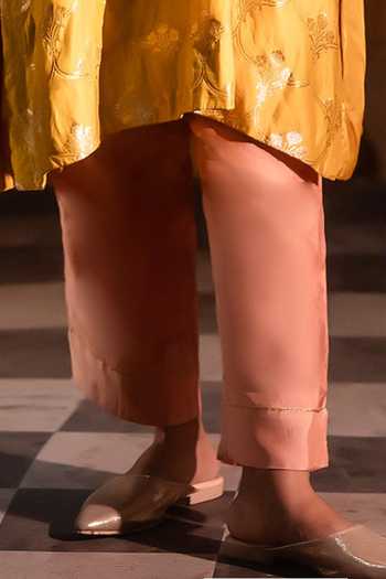 Buy_Shorshe Clothing_Yellow Silk, Modal, Brocade Round Shahi Kurta With Dusty Pink Cigarette Pant _Online_at_Aza_Fashions