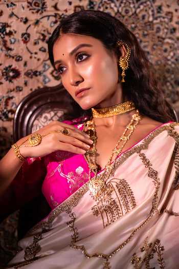 Shorshe Clothing_Ivory Chanderi Shalimaar Saree _Online_at_Aza_Fashions