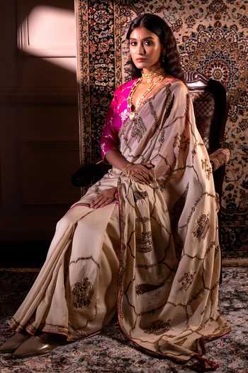 Shop_Shorshe Clothing_Ivory Chanderi Shalimaar Saree _at_Aza_Fashions