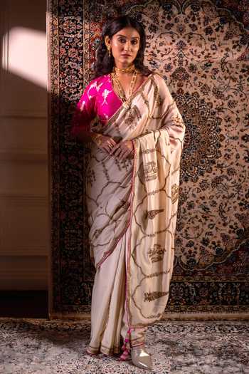 Buy_Shorshe Clothing_Ivory Chanderi Shalimaar Saree _at_Aza_Fashions