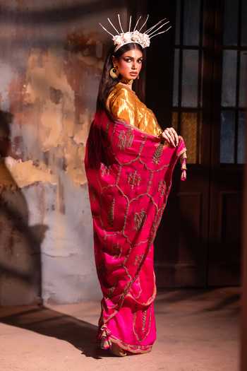 Shop_Shorshe Clothing_Pink Chanderi Shalimaar Saree _at_Aza_Fashions