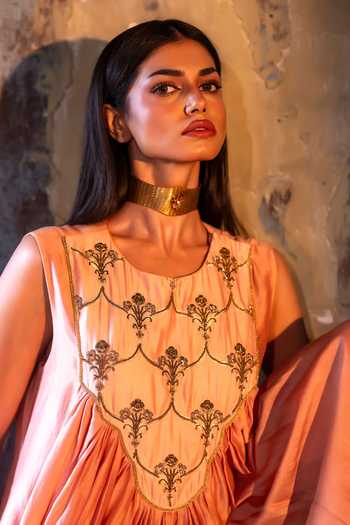 Buy_Shorshe Clothing_Pink Chanderi Round Neck Short Vani Choga Kurta With Sharara _Online_at_Aza_Fashions