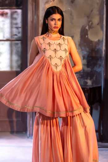 Shop_Shorshe Clothing_Pink Chanderi Round Neck Short Vani Choga Kurta With Sharara _Online_at_Aza_Fashions