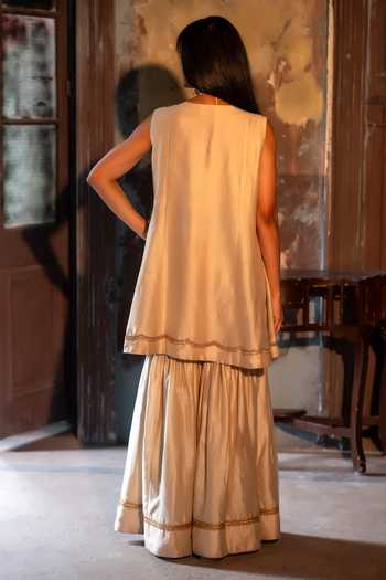 Shop_Shorshe Clothing_Ivory Chanderi Round Neck Short Vani Choga Kurta And Sharara Set _at_Aza_Fashions