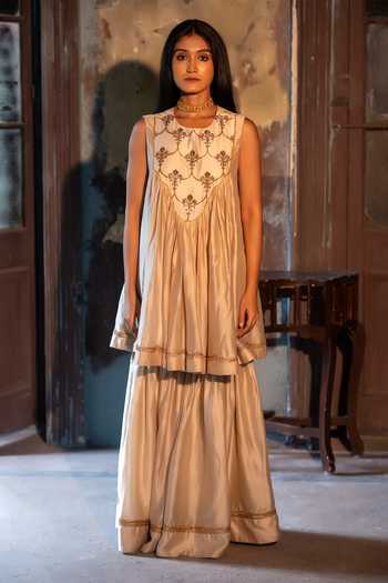 Buy_Shorshe Clothing_Ivory Chanderi Round Neck Short Vani Choga Kurta And Sharara Set _at_Aza_Fashions
