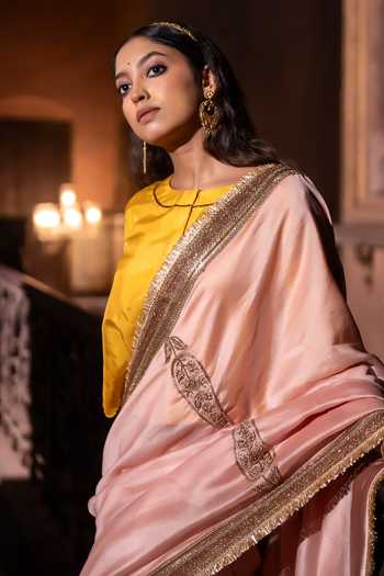 Shorshe Clothing_Pink Chanderi Turkish Ashoka Saree _Online_at_Aza_Fashions