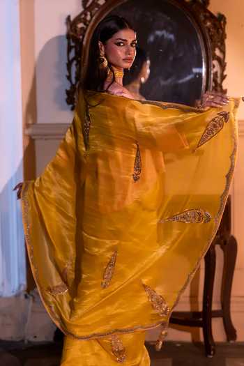 Shorshe Clothing_Yellow Silk, , Silk, Tissue Turkish Ashoka Handwoven Saree _Online_at_Aza_Fashions