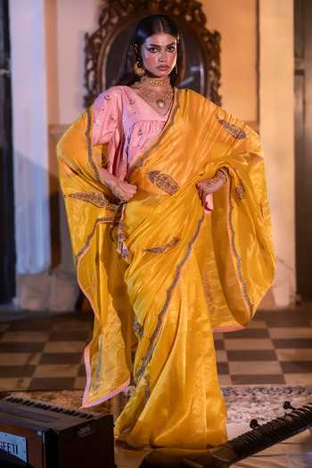 Buy_Shorshe Clothing_Yellow Silk, , Silk, Tissue Turkish Ashoka Handwoven Saree _Online_at_Aza_Fashions