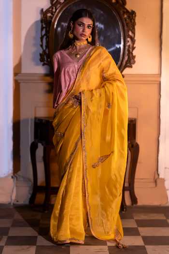 Buy_Shorshe Clothing_Yellow Silk, , Silk, Tissue Turkish Ashoka Handwoven Saree _at_Aza_Fashions