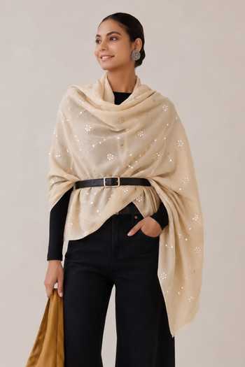 Shop_Geroo Jaipur_Beige Jaal Embroidered Shawl _at_Aza_Fashions
