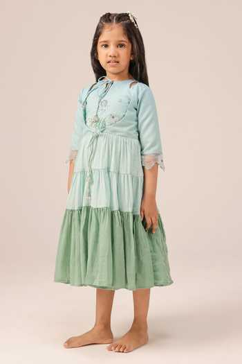 Buy_OurDve_Blue Linen Sea Salt Embroidered Bodice Dress _at_Aza_Fashions
