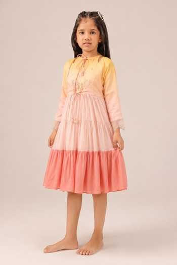Buy_OurDve_Pink Linen Sea Salt Bodice Embroidered Dress _at_Aza_Fashions