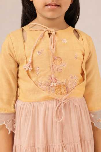 OurDve_Pink Linen Sea Salt Bodice Embroidered Dress _Online_at_Aza_Fashions
