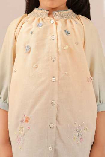 OurDve_Ivory Linen Sorbet Embroidered And Smocked Neck Dress _Online_at_Aza_Fashions