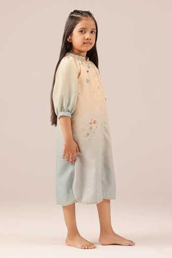 Shop_OurDve_Ivory Linen Sorbet Embroidered And Smocked Neck Dress _Online_at_Aza_Fashions
