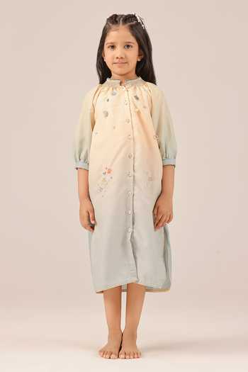 OurDve_Ivory Linen Sorbet Embroidered And Smocked Neck Dress _at_Aza_Fashions