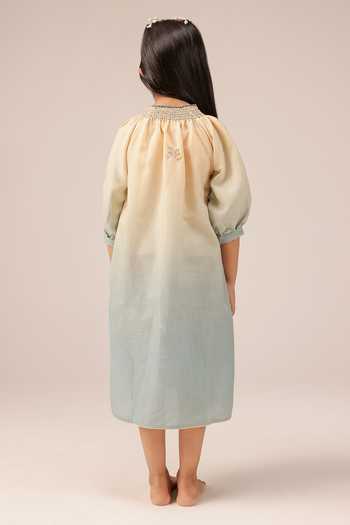 Shop_OurDve_Ivory Linen Sorbet Embroidered And Smocked Neck Dress _at_Aza_Fashions