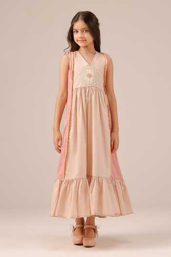 Buy_OurDve_Pink Organza, Cotton Merry Checked Coat And Dress Set 