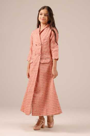 OurDve_Pink Organza, Cotton Merry Checked Coat And Dress Set _Online