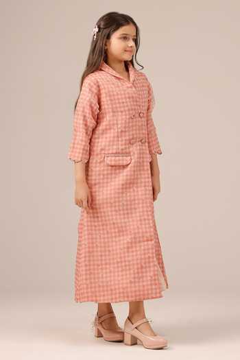 Buy_OurDve_Pink Organza, Cotton Merry Checked Coat And Dress Set _Online