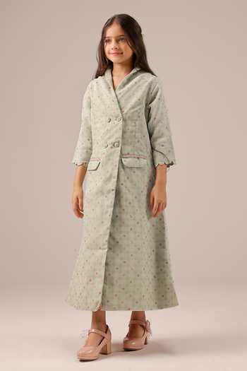 OurDve_Green Organza, Cotton Merry Checkered Coat And Dress Set _at_Aza_Fashions