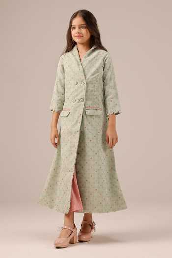 Buy_OurDve_Green Organza, Cotton Merry Checkered Coat And Dress Set 