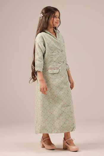 Shop_OurDve_Green Organza, Cotton Merry Checkered Coat And Dress Set 